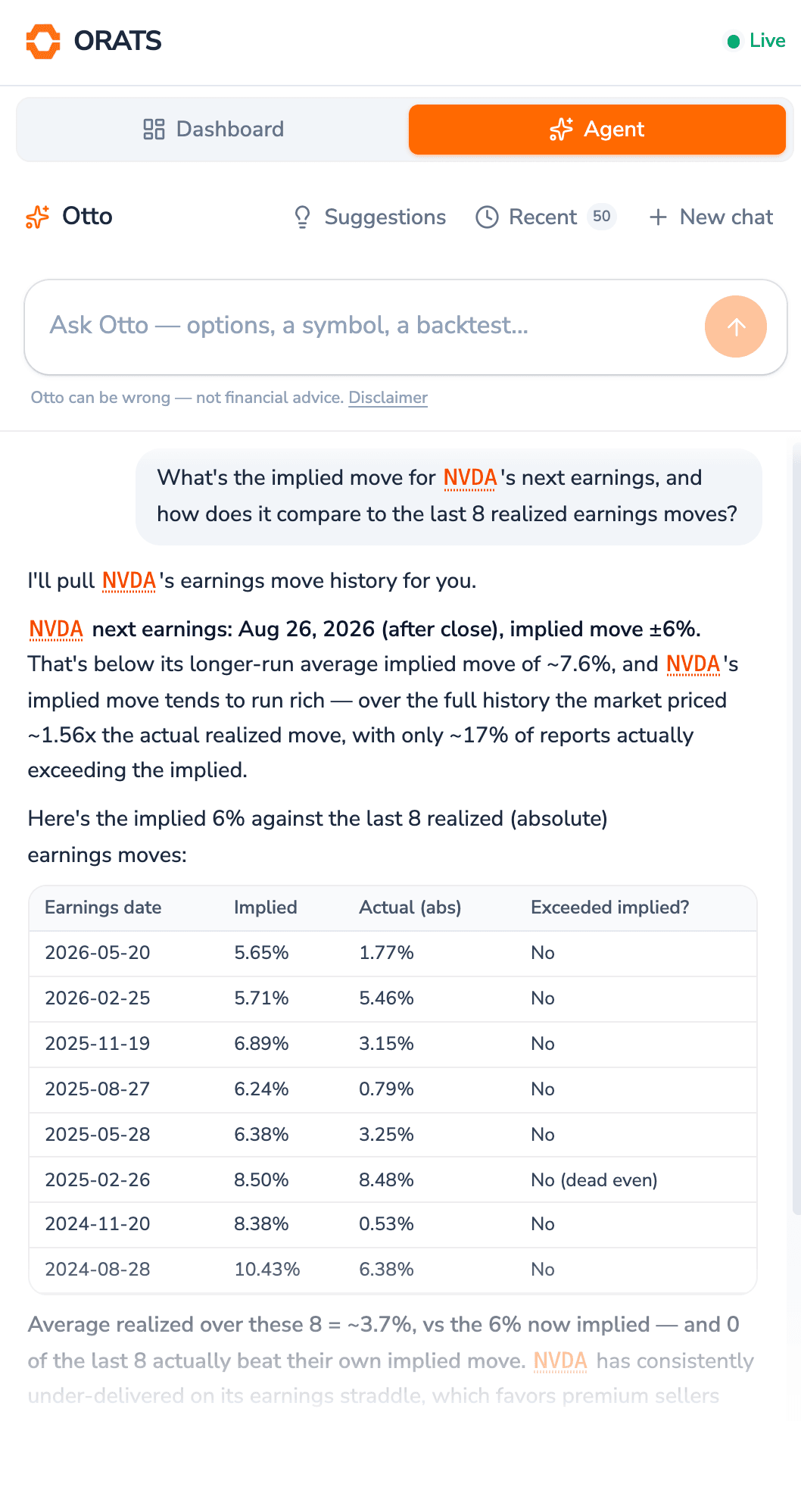 Otto analyzing NVDA's implied earnings move against realized moves