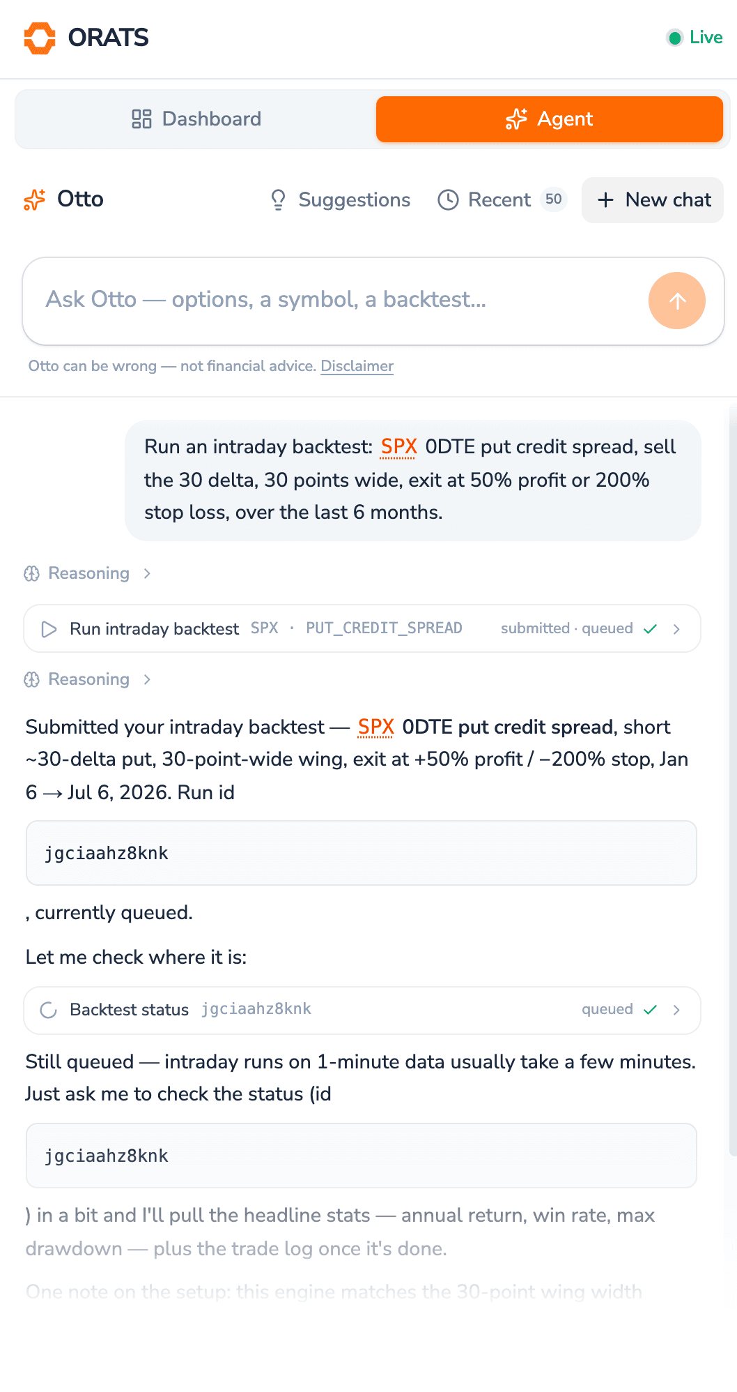 Otto running an intraday backtest with visible tool calls