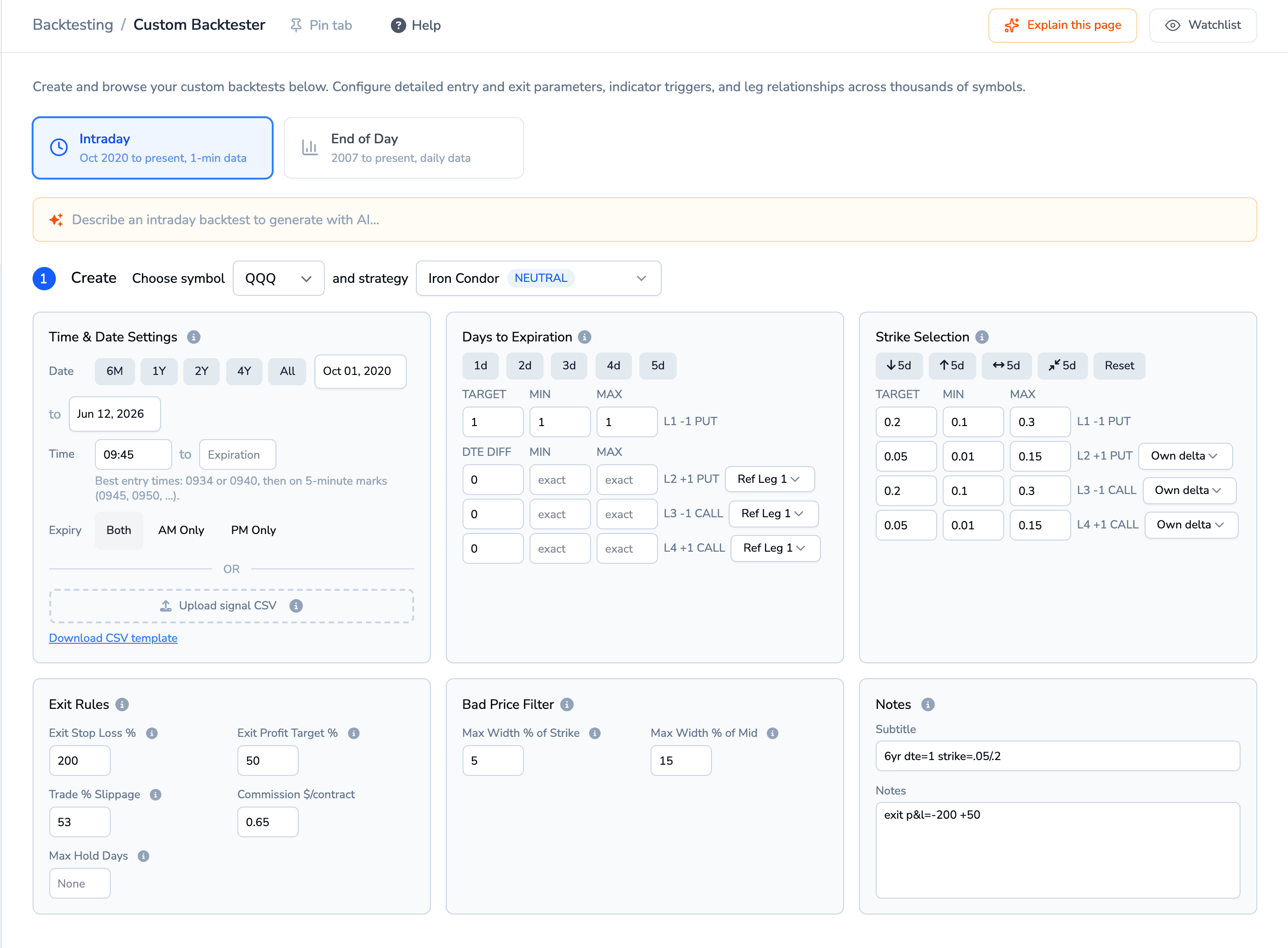 The intraday backtester form: AI input generator, time and date settings, days to expiration, strike selection, and exit rules