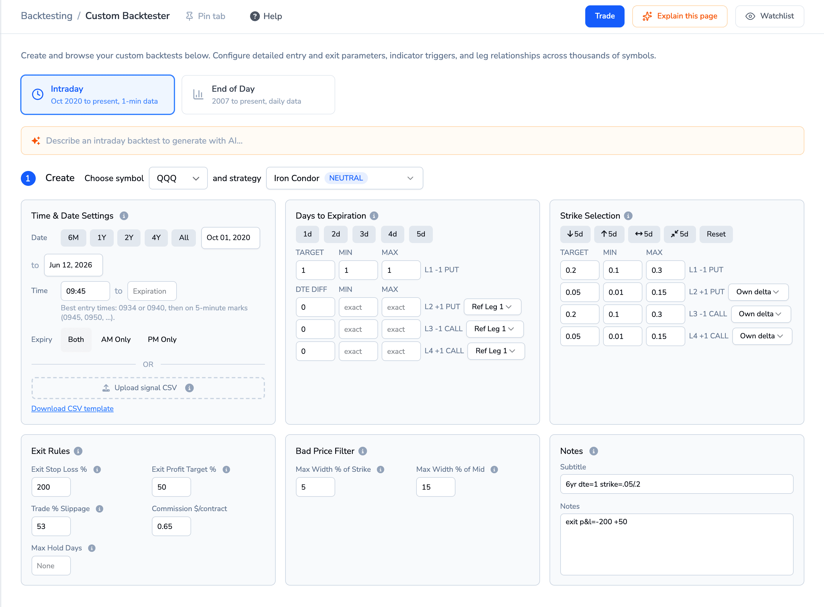 The intraday backtester form: AI input generator, time and date settings, days to expiration, strike selection, and exit rules