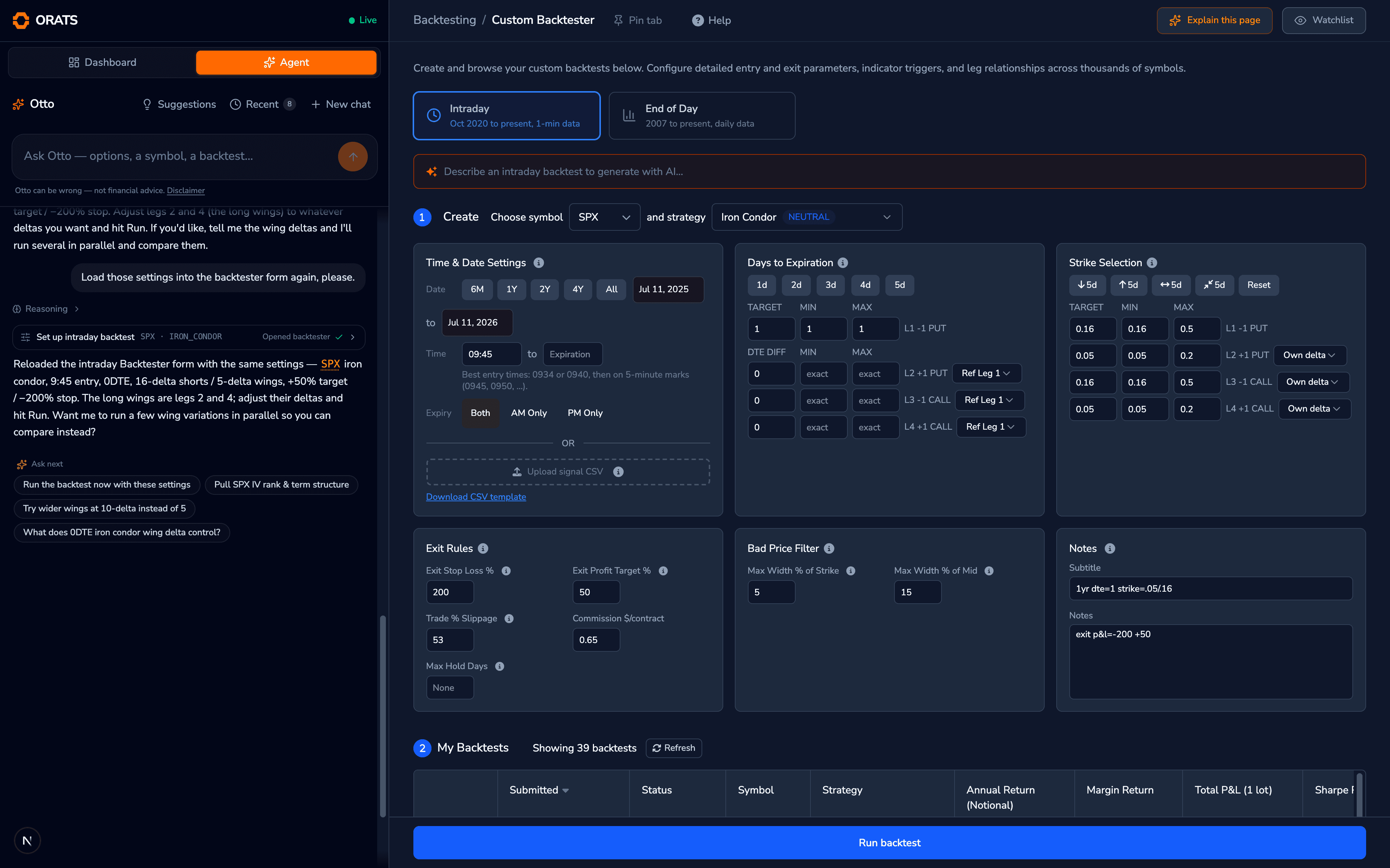 The intraday Custom Backtester populated by Otto: SPX 0DTE iron condor, 16-delta shorts and 5-delta wings, 9:45 entry, and the 50% profit and 200% stop exits, with the tool call visible in the conversation