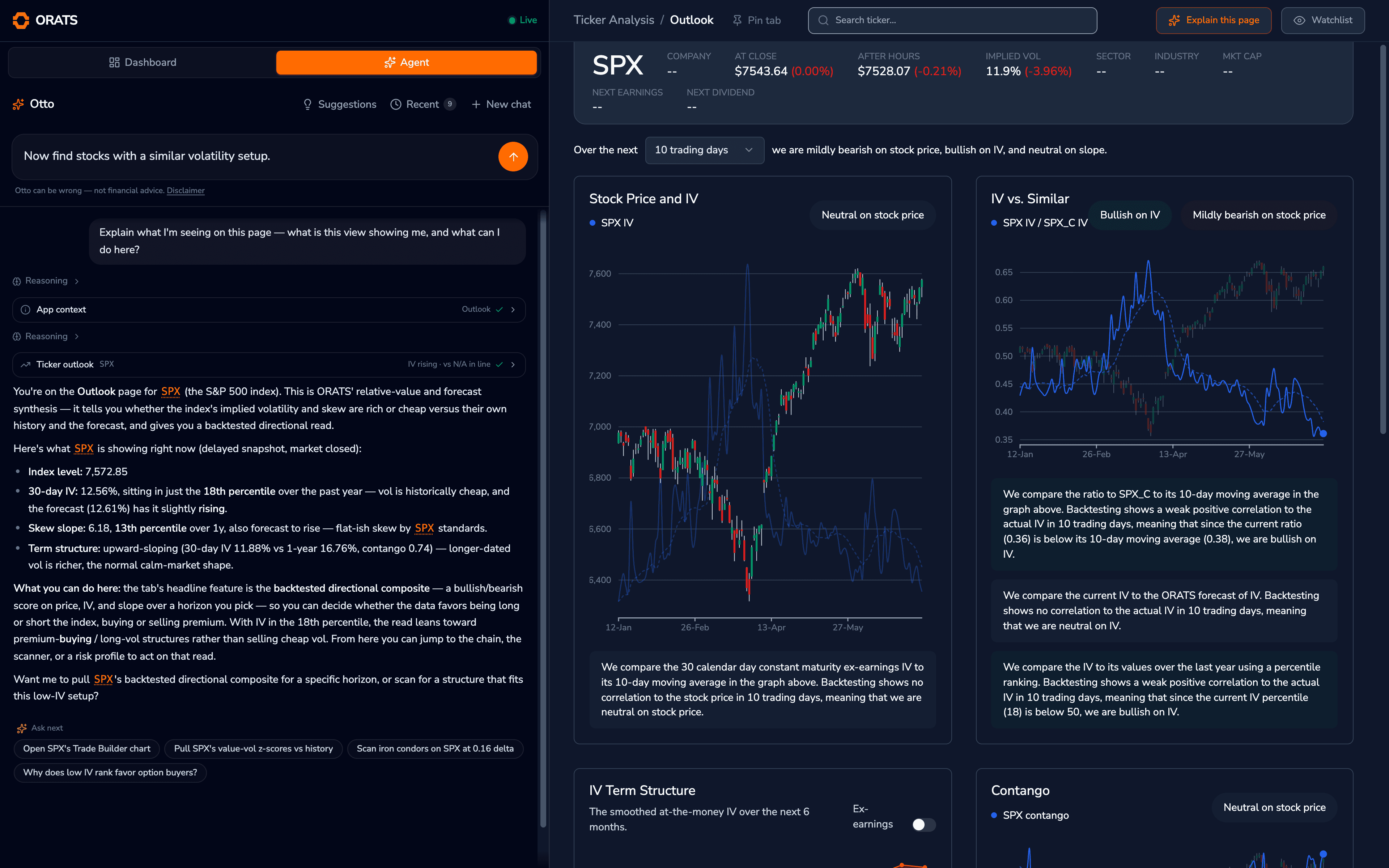 The SPX Outlook page in the ORATS dashboard with Otto's agent panel open: the Explain what I'm seeing prompt, the App context tool call, and Otto's walkthrough of the page's IV percentile, skew slope, and term structure, with a follow-up typed in the input