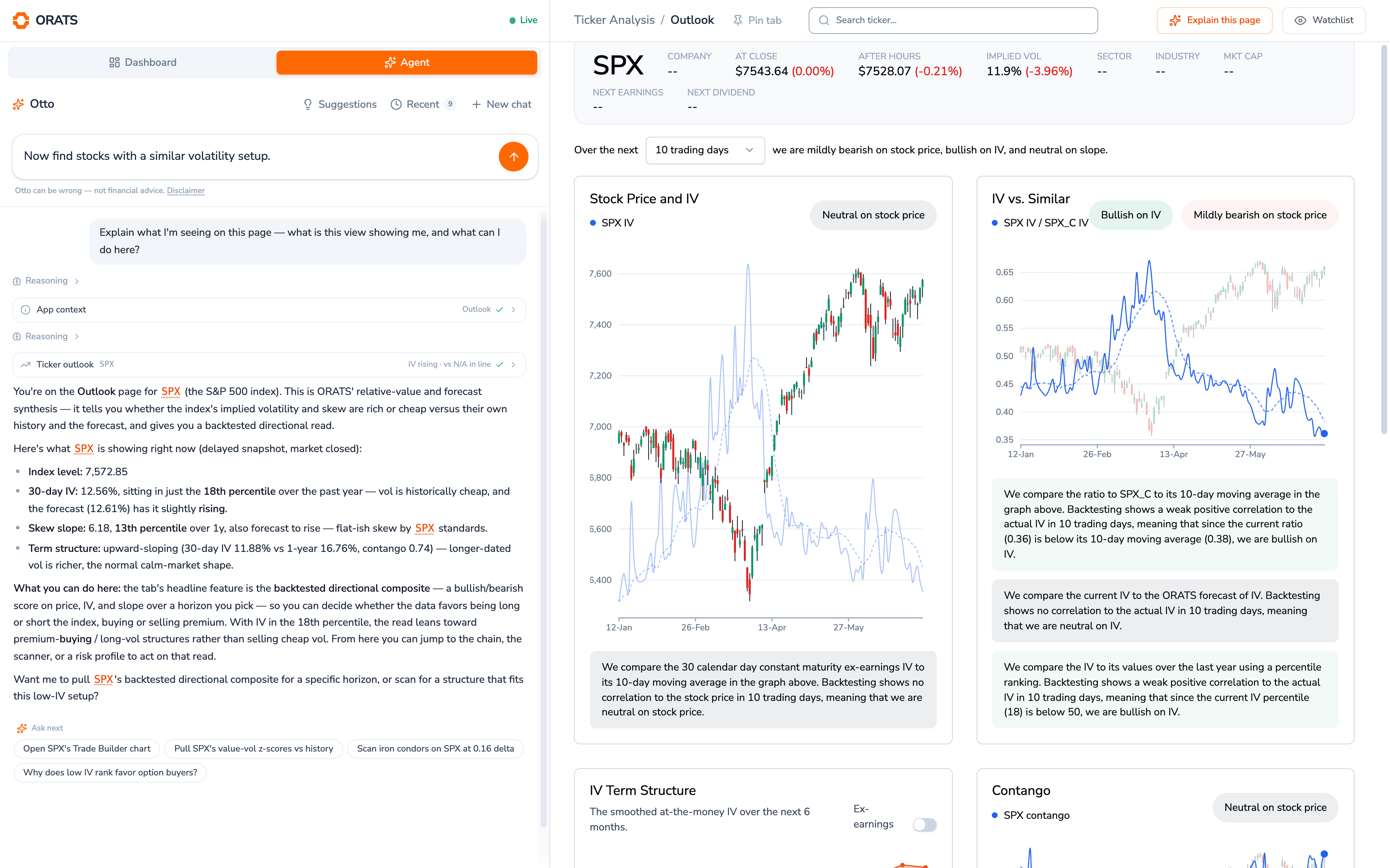 The SPX Outlook page in the ORATS dashboard with Otto's agent panel open: the Explain what I'm seeing prompt, the App context tool call, and Otto's walkthrough of the page's IV percentile, skew slope, and term structure, with a follow-up typed in the input